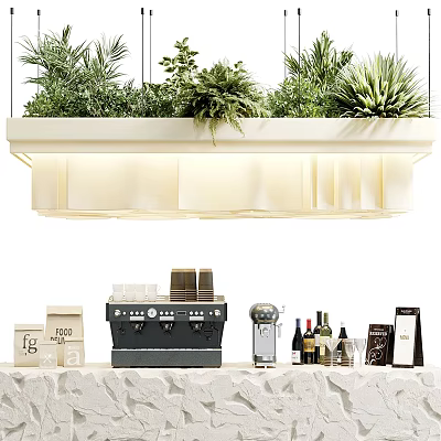 Elegant Bar Counter Setup With Hanging Plant Light Coffee Machine Wine Bottles And Glasses 3d model