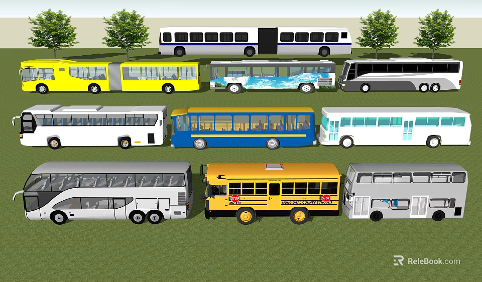 Various Colored Buses Including School Bus And City Bus Parked On Green Grass With Trees 3d model 