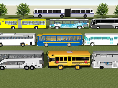 Various Colored Buses Including School Bus And City Bus Parked On Green Grass With Trees 3d model