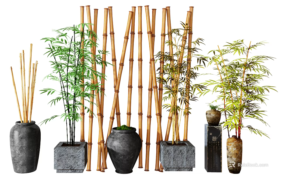 Bonsai Potted Plants Display With Bamboo Screens And Stone Ceramic Wooden Pots 3d model 