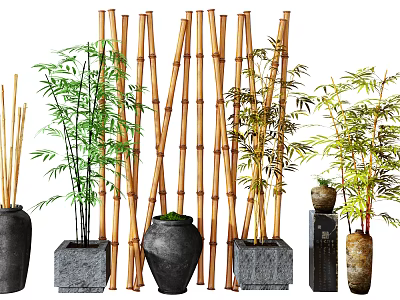 Bonsai Potted Plants Display With Bamboo Screens And Stone Ceramic Wooden Pots 3d model
