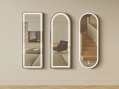 Three Decorative Mirrors Rectangular Arched Oval on Beige Wall Reflecting Living Room Chair Staircase 3d model
