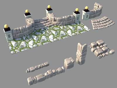 Decorative Stone Garden Elements With Walls Pillars Golden Tops Slab Paths And Grass 3d model