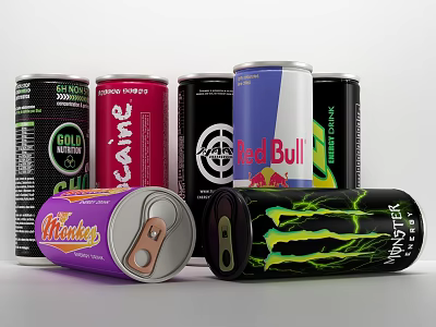 Assorted Energy Drink Cans Featuring Monster Red Bull Celsius C4 and Bang 3d model