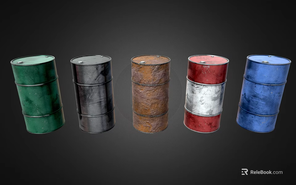Industrial Metal Drums In Various Colors Including Rusted Brown For Industrial Use 3d model 