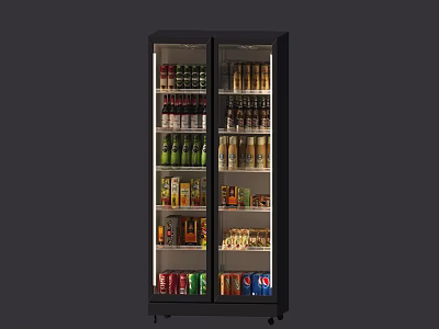 Kitchen Appliance Double Glass Doors Refrigerated Display Cabinet With Assorted Beverages Inside 3d model