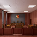 Courtroom Interior With Wooden Panels Judge's Bench Emblem And Large Windows