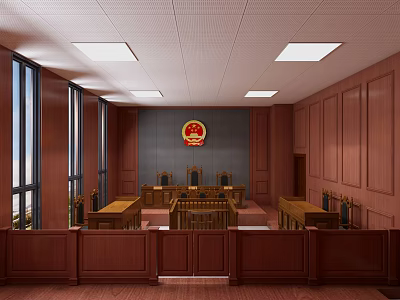 Courtroom Interior With Wooden Panels Judge's Bench Emblem And Large Windows 3d model