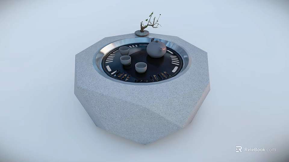 Modern Kitchen Electric Teapot On Gray Octagonal Stone Platform With Teacups And Small Plant 3d model 