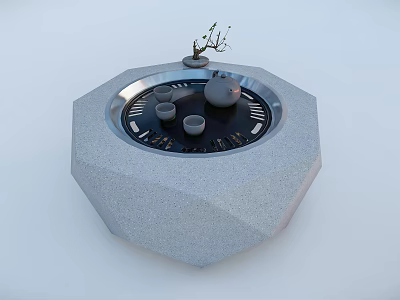 Modern Kitchen Electric Teapot On Gray Octagonal Stone Platform With Teacups And Small Plant 3d model