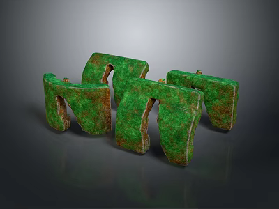 Green Textured Wooden Stone Decor Pieces With Unique Shapes And Rustic Brown Details 3d model