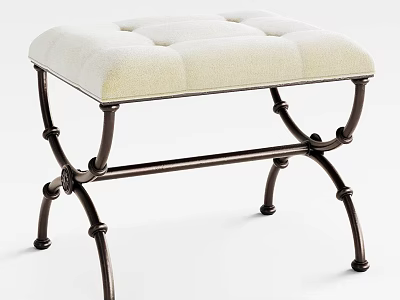 Elegant Upholstered Bench with Tufted Beige Seat and Bronze Metal Frame 3d model