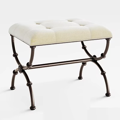 Elegant Upholstered Bench with Tufted Beige Seat and Bronze Metal Frame 3d model