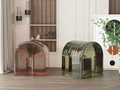 Modern Interior With Pink And Green Arched Glass Stools Featuring Bubble Texture 3d model