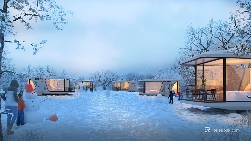 Aerial Planning of Winter Scenic Snowy Landscape with Modern Transparent Cabins Trees and People Activity 3d model 