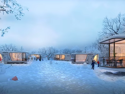 Aerial Planning of Winter Scenic Snowy Landscape with Modern Transparent Cabins Trees and People Activity 3d model