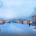 Aerial Planning of Winter Scenic Snowy Landscape with Modern Transparent Cabins Trees and People Activity