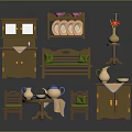Wooden Home Furniture Collection With Green Cushioned Bench Table Chairs Vase Plates And Teapot