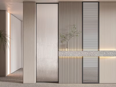 Modern Interior Room Divider With Vertical Wooden Slats Decorative Plant And LED Lighting 3d model