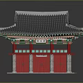 Cartoon Scene of Traditional Korean Architecture With Colorful Roof Red Pillars And Green Decorations