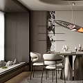 Elegant Modern Restaurant Interior With Round Dining Table White Chairs Pendant Light And Marble Wall 3d model