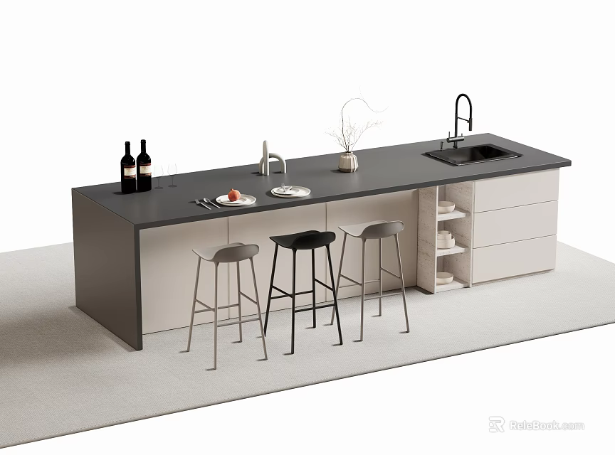Modern Bar Counter With Black Top White Cabinets Bar Stools Food Sink And Plant 3d model 