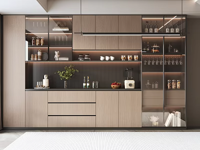 Modern Wine Cabinet With Glass Doors Displaying Wine Glasses And Bottles 3d model