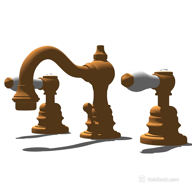 Vintage Brass Faucet with Classic Carved Details and Double Handle Controls for Bathroom Sink 3d model 