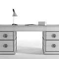 Modern Metallic Office Desk With Drawers Black Lamp Notebook And Small Box