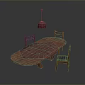 Oval Dining Table With Red Tablecloth Three Chairs And Red Pendant Light Above 3d model