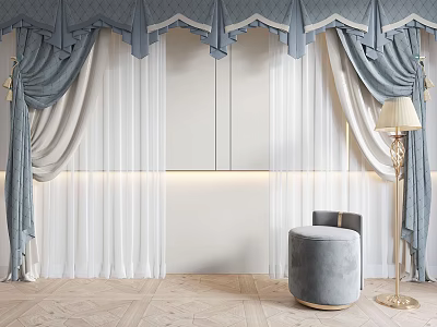 Blue And White Decorative Curtains With Sheer Panels Gray Stool And Floor Lamp 3d model