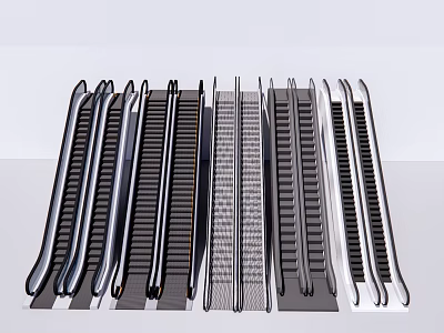 Modern Escalators With Various Designs And Metallic Finishes Arranged In Row 3d model