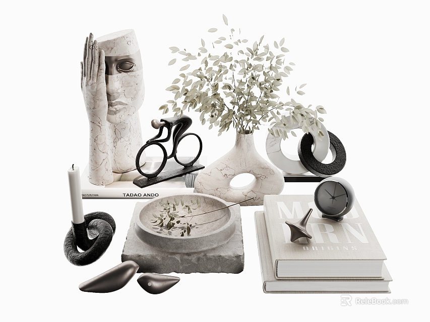 Stylish Decorative Ornament Set Featuring Sculpture Bicycle Model Plant Vase Candle Tray Books And Clock 3d model 