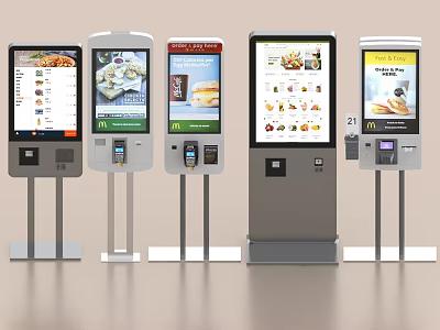 Multiple Self Service Order Kiosks With Digital Screens Displaying Food Menus For McDonald's Restaurants 3d model