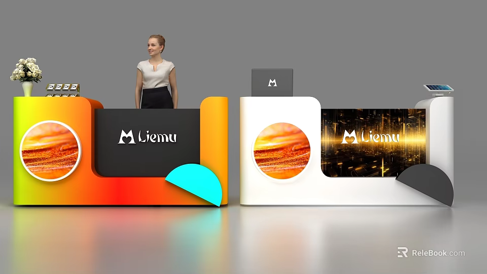 Modern Liemu Reception Desk With Orange White Black Design And Brand Logo 3d model 