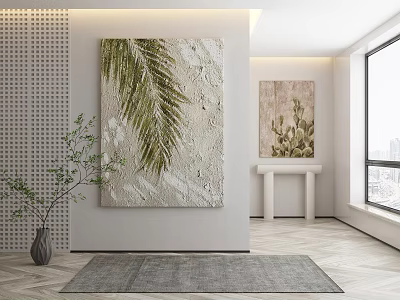 Botanical Paintings Displayed In Modern Interior With Palm Leaf Cactus Geometric Wall And Gray Rug 3d model