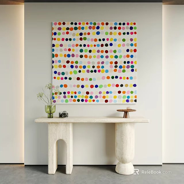 Colorful Polka Dot Painting Above White Console Table With Vase Camera And Decorative Object 3d model 