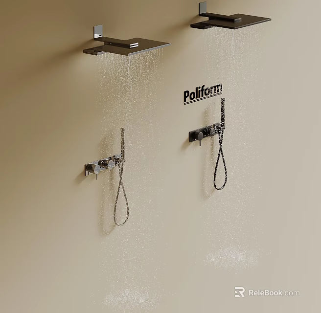 Poliform Wall Mounted Shower System Featuring Handheld Sprayer and Flowing Water 3d model
