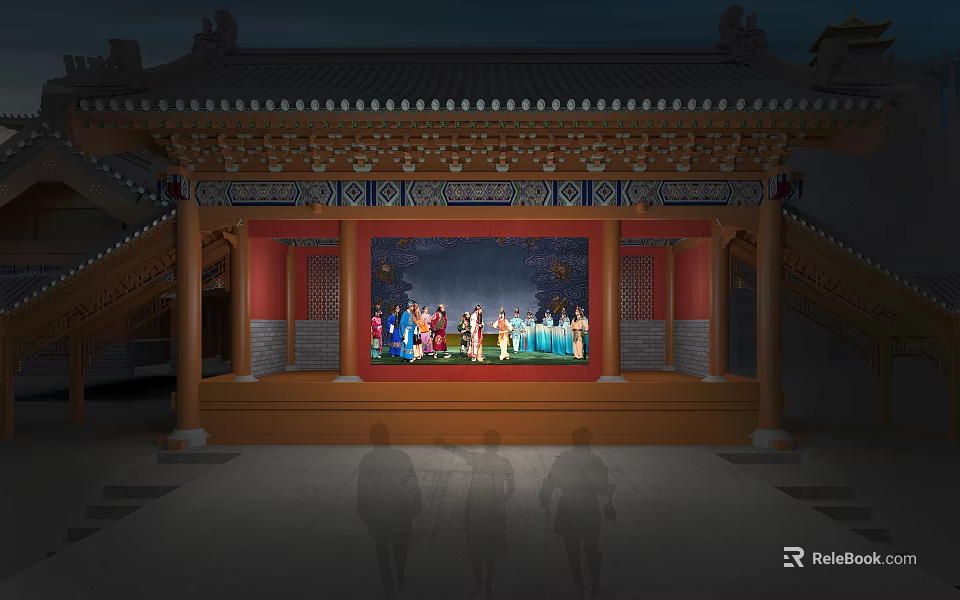 Ancient Architectural Traditional Stage with Ornate Roof and Performers at Night 3d model 
