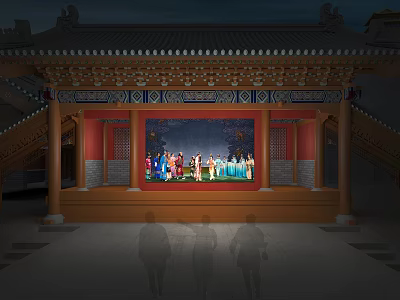 Ancient Architectural Traditional Stage with Ornate Roof and Performers at Night 3d model