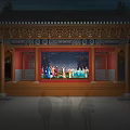 Ancient Architectural Traditional Stage with Ornate Roof and Performers at Night