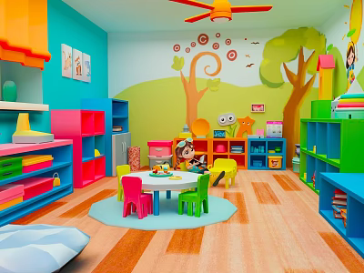 Kids Colorful Playroom With Furniture Toys Storage Shelves And Wall Decorations 3d model