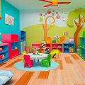 Kids Colorful Playroom With Furniture Toys Storage Shelves And Wall Decorations
