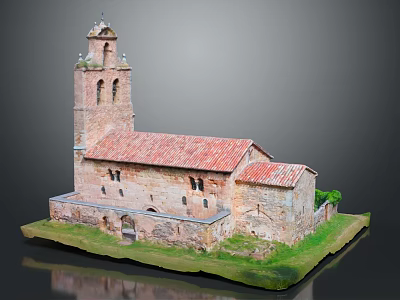 Ancient Church Model With Red Tile Roof Tower And Stone Walls On Green Grass Base 3d model