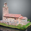 Ancient Church Model With Red Tile Roof Tower And Stone Walls On Green Grass Base
