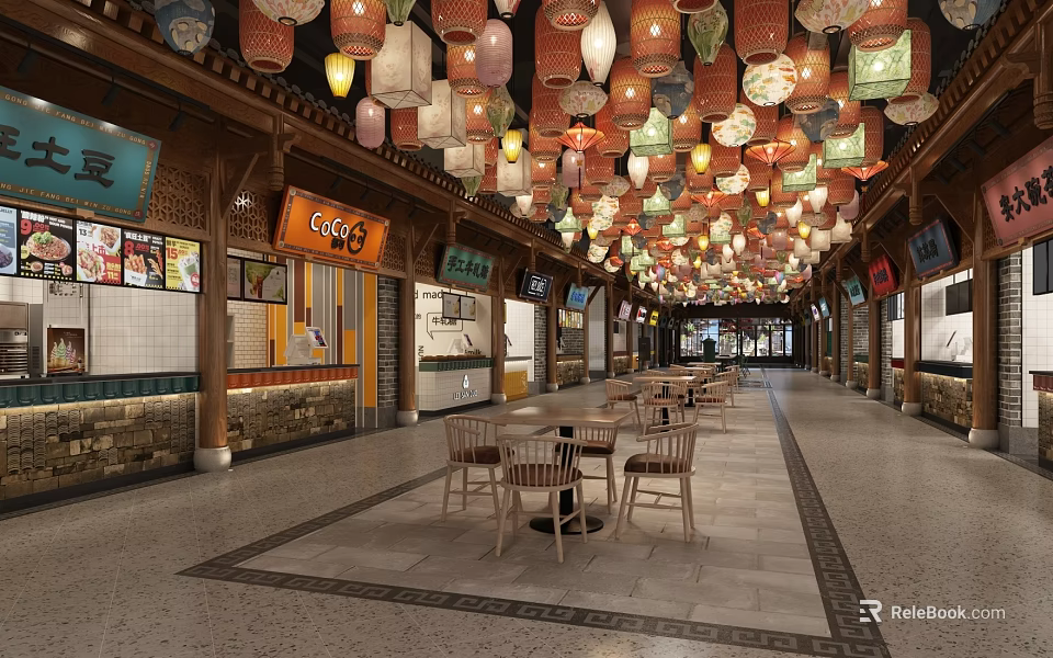 Traditional Chinese Commercial Street with Hanging Colorful Lanterns Store Signs and Wooden Tables Chairs 3d model 