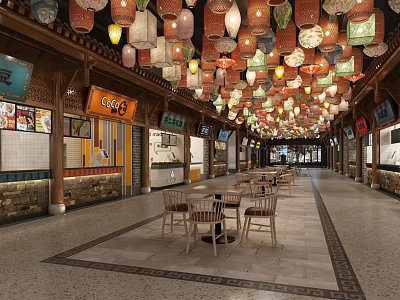 Traditional Chinese Commercial Street with Hanging Colorful Lanterns Store Signs and Wooden Tables Chairs 3d model