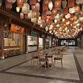 Traditional Chinese Commercial Street with Hanging Colorful Lanterns Store Signs and Wooden Tables Chairs