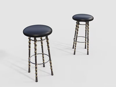 Black Leather Bar Stools With Black Legs And Gold Twisted Details 3d model
