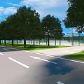 Outdoor Sports Facility With Basketball Courts Green Surfaces Fences Trees And Blue Sky